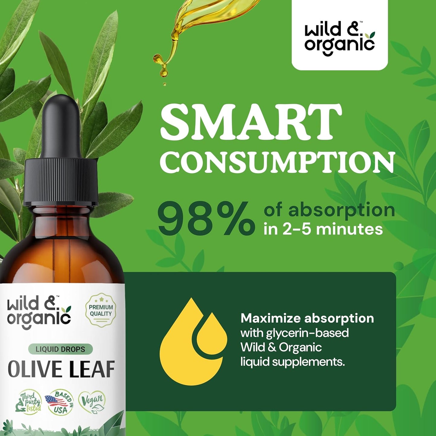 Organic Wild Olive Leaf Extract Drops - Antioxidant Immune Support - Oleuropein Supplement - Vegan, Sugar & Alcohol-Free - 2 fl oz