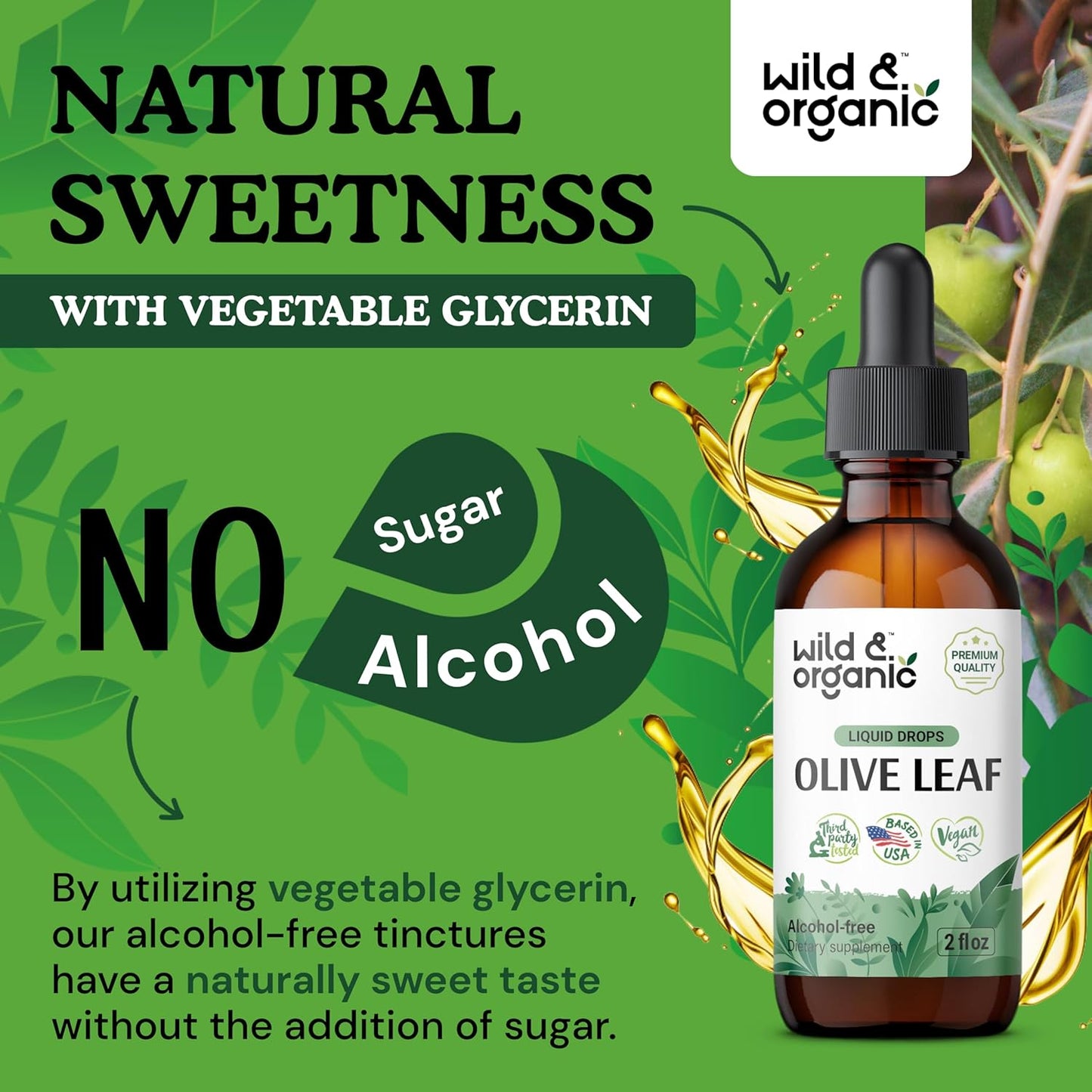 Organic Wild Olive Leaf Extract Drops - Antioxidant Immune Support - Oleuropein Supplement - Vegan, Sugar & Alcohol-Free - 2 fl oz