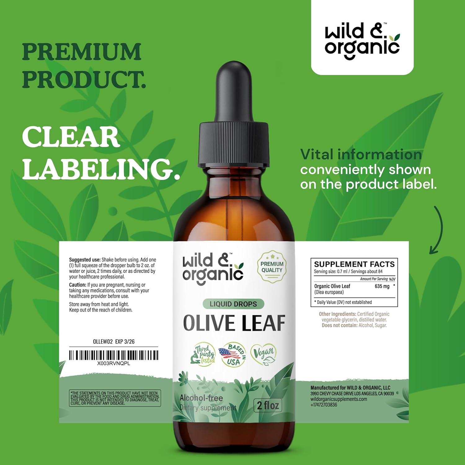 Organic Wild Olive Leaf Extract Drops - Antioxidant Immune Support - Oleuropein Supplement - Vegan, Sugar & Alcohol-Free - 2 fl oz