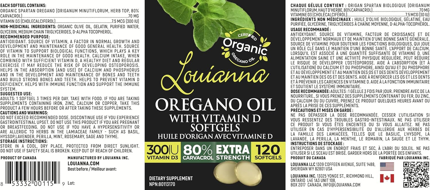 Organic Wild Oregano Oil Softgels with Vitamin D for Bone, Immune, and Gut Health - 120 Capsules