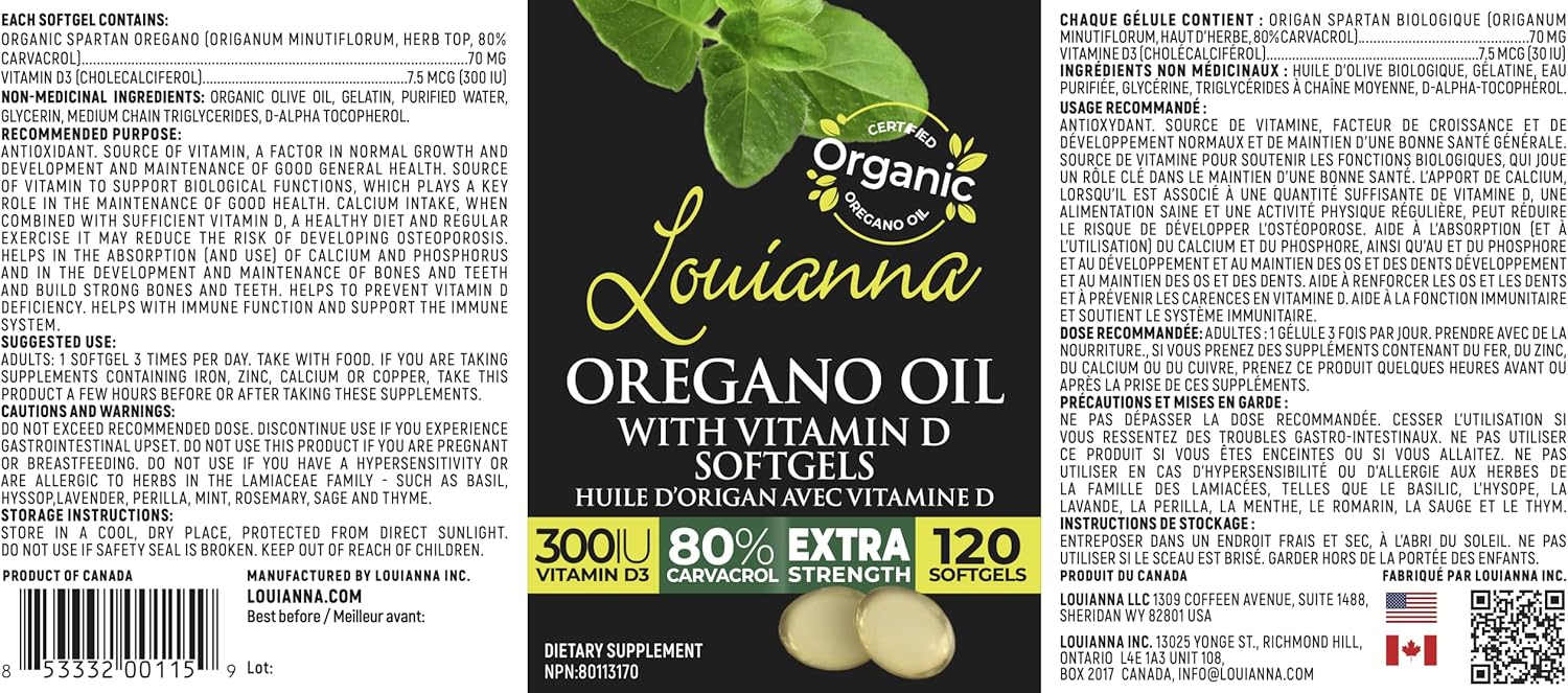 Organic Wild Oregano Oil Softgels with Vitamin D for Bone, Immune, and Gut Health - 120 Capsules