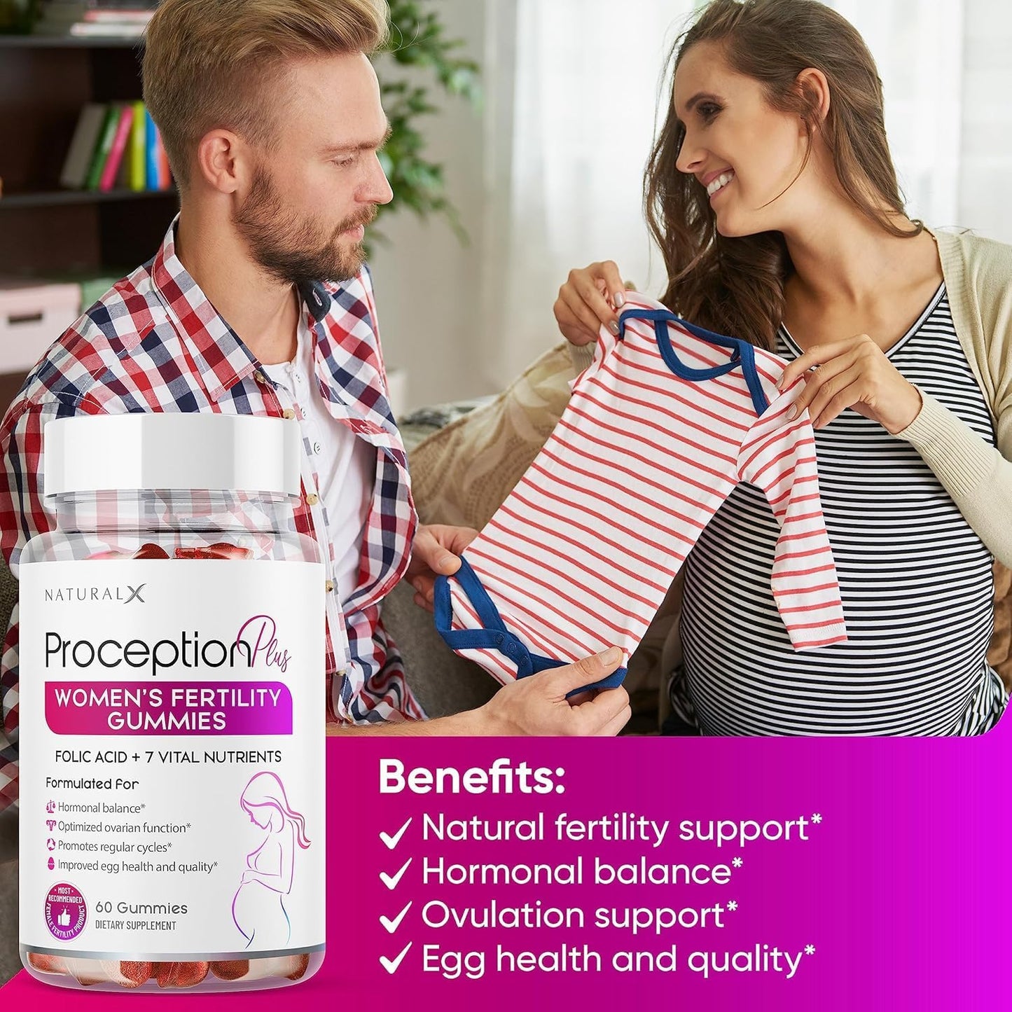 Organic Women's Fertility Gummies with Myo-Inositol, Folic Acid, Biotin, B Vitamins - Hormone Balance & Ovulation Support - Prenatal Conception Aid (120 Gummies)
