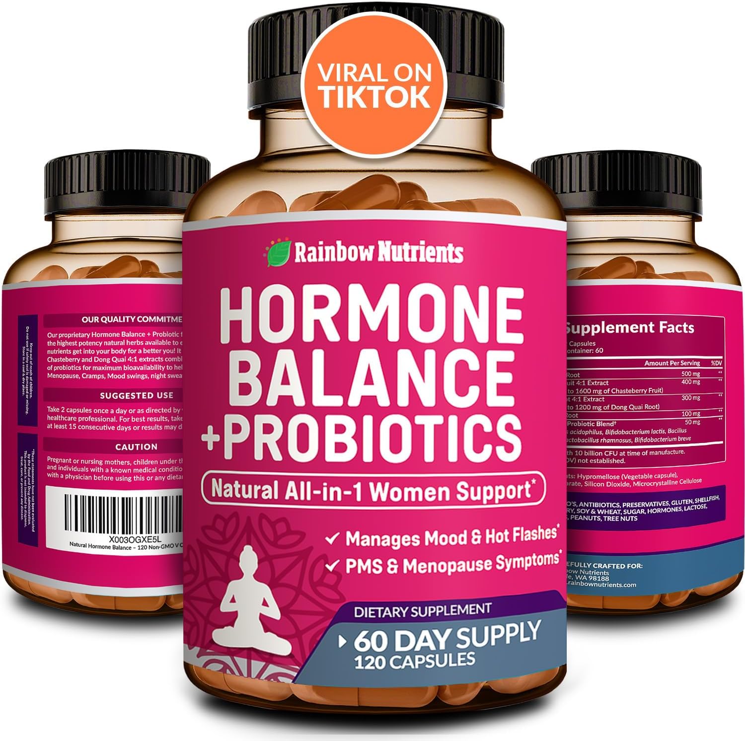Organic Women's Hormone Balance + Probiotics Capsules for Menopause Relief & Weight Management - 3450mg - Maca, Chasteberry, Dong Quai, Black Cohosh - Non GMO - 120 V Capsules
