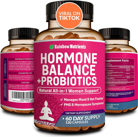 Organic Women's Hormone Balance + Probiotics Capsules for Menopause Relief & Weight Management - 3450mg - Maca, Chasteberry, Dong Quai, Black Cohosh - Non GMO - 120 V Capsules