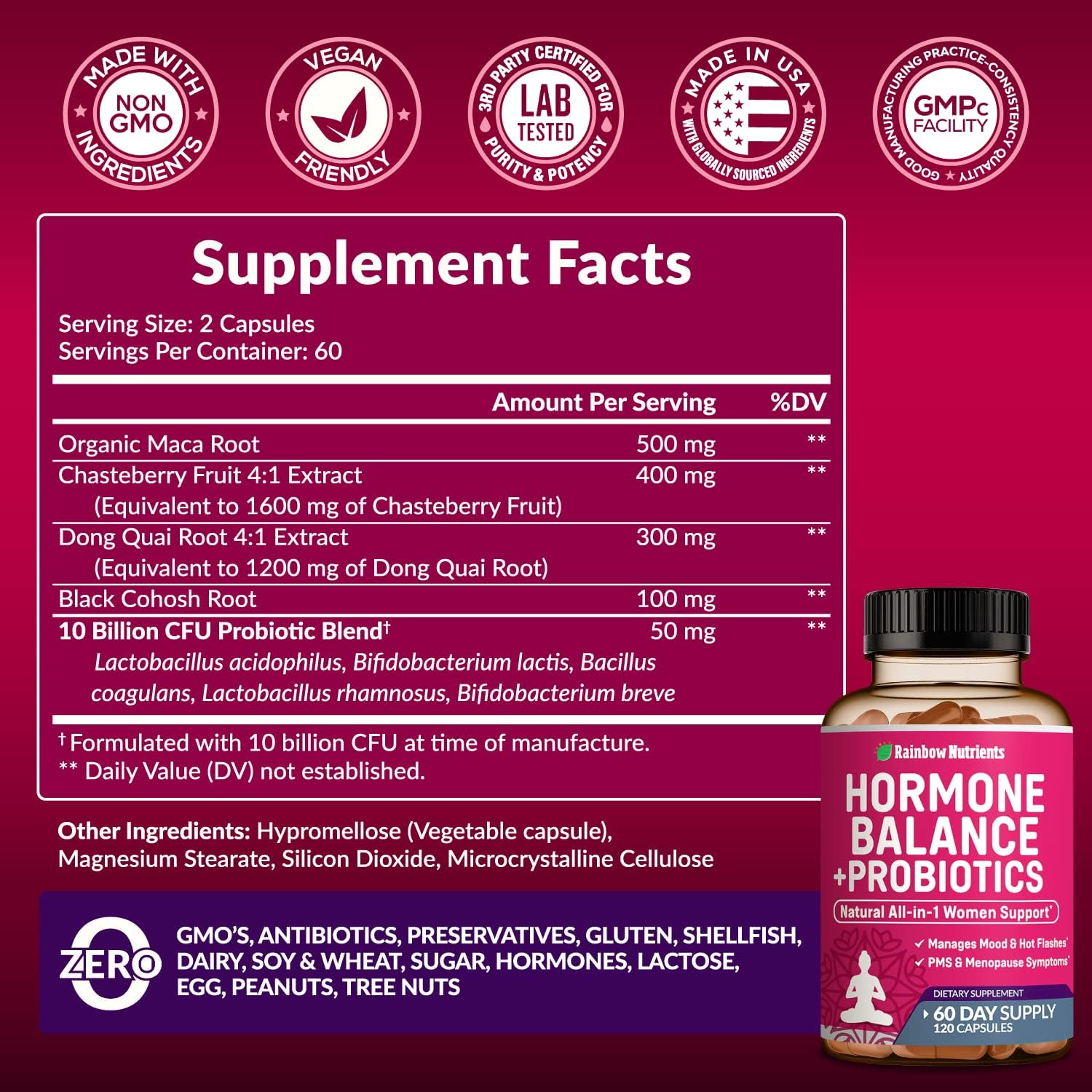 Organic Women's Hormone Balance + Probiotics Capsules for Menopause Relief & Weight Management - 3450mg - Maca, Chasteberry, Dong Quai, Black Cohosh - Non GMO - 120 V Capsules