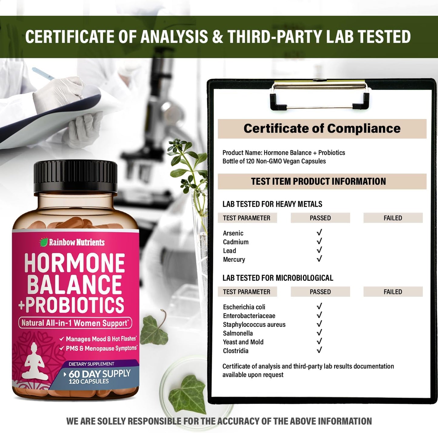 Organic Women's Hormone Balance + Probiotics Capsules for Menopause Relief & Weight Management - 3450mg - Maca, Chasteberry, Dong Quai, Black Cohosh - Non GMO - 120 V Capsules