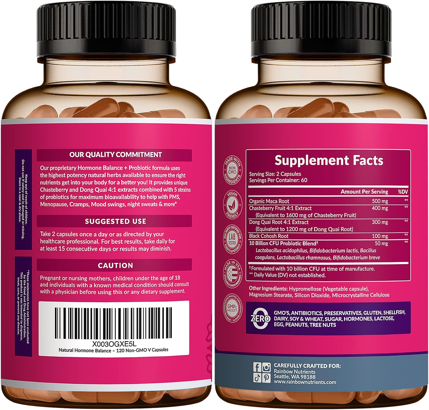 Organic Women's Hormone Balance + Probiotics Capsules for Menopause Relief & Weight Management - 3450mg - Maca, Chasteberry, Dong Quai, Black Cohosh - Non GMO - 120 V Capsules