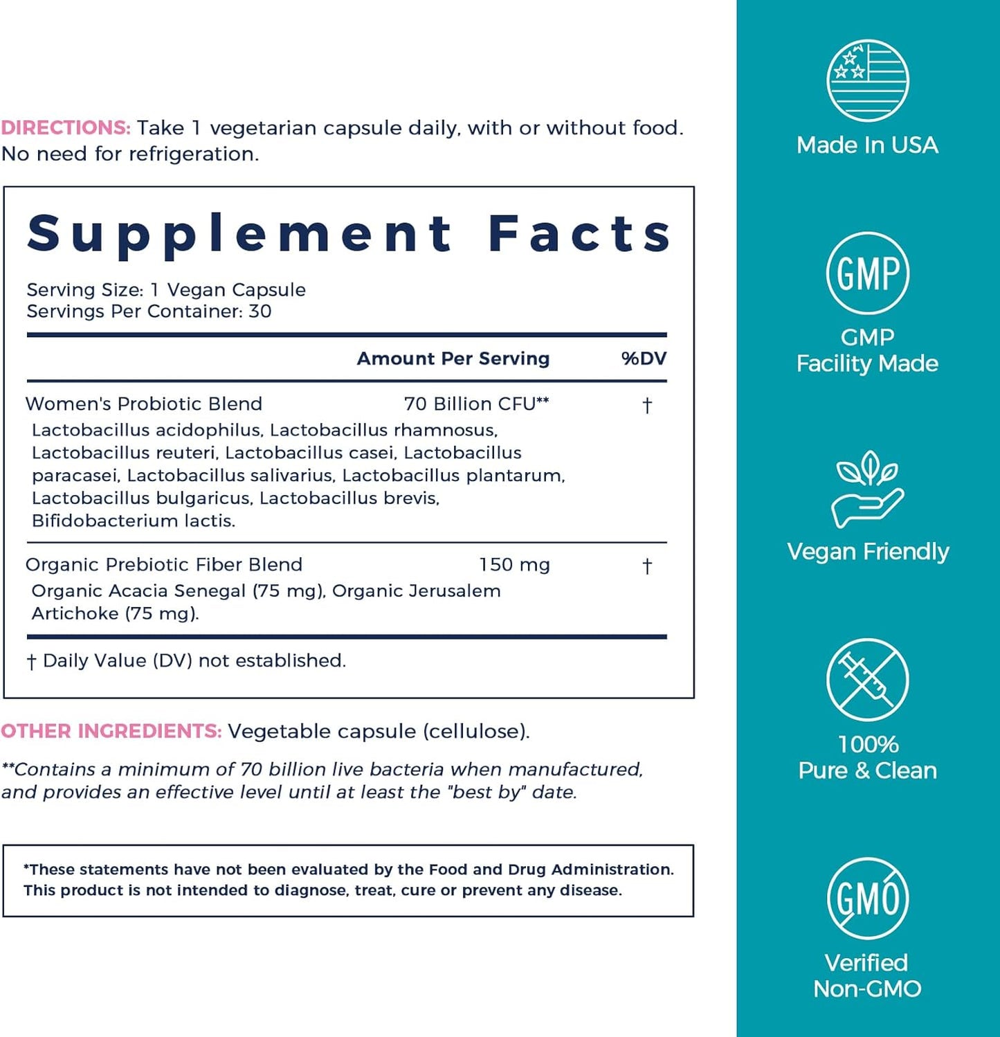 Organic Women's Probiotics with 70 Billion CFU, 10 Strains, Vaginal Health Support, 30 Vegan Capsules, No Bloating