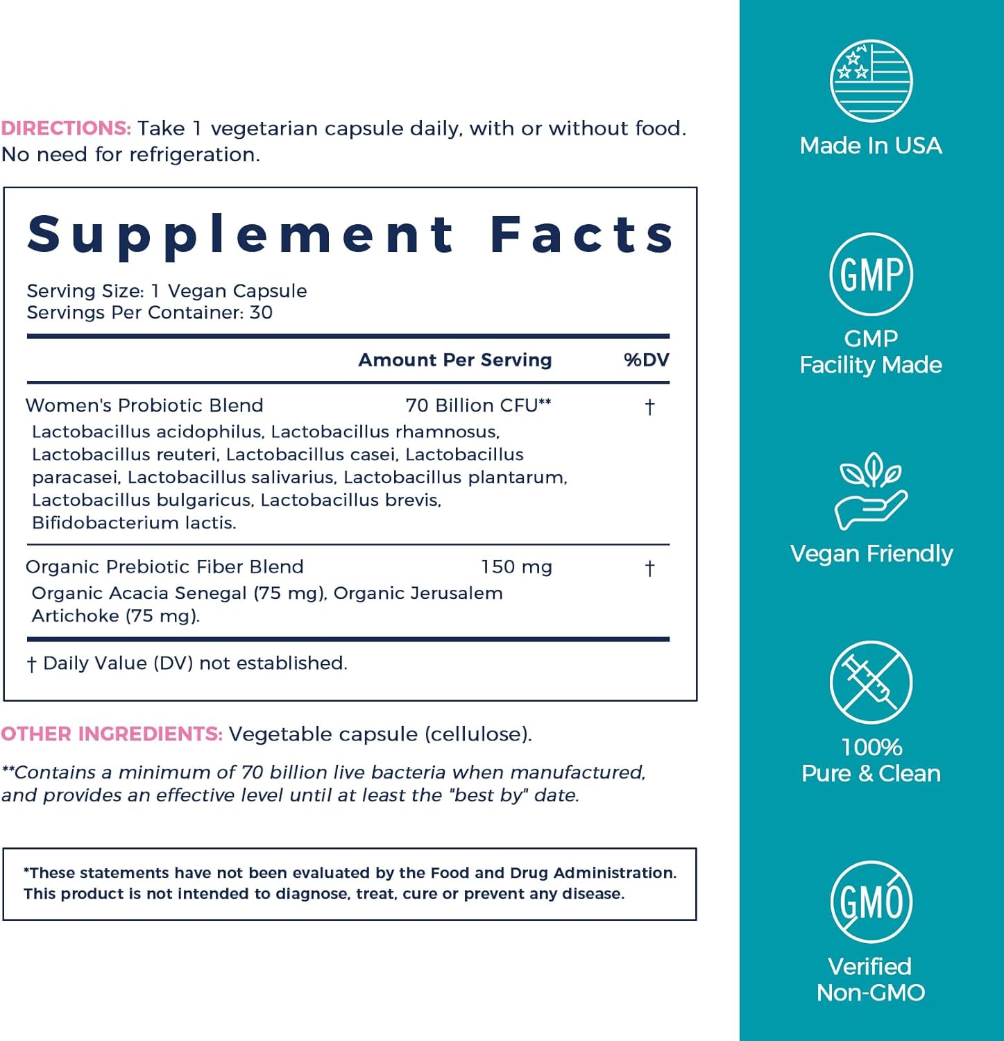 Organic Women's Probiotics with 70 Billion CFU, 10 Strains, Vaginal Health Support, 30 Vegan Capsules, No Bloating