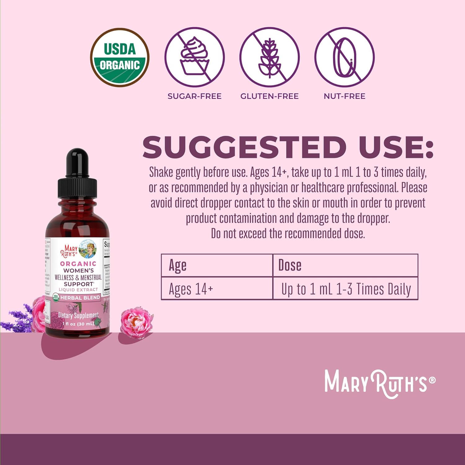 Organic Women's Wellness Herbal Supplements | Menstrual Support | Stinging Nettle, Raspberry Leaf, Eleuthero Root, Chaste Tree Berry | Non-GMO, Vegan | MaryRuth Organics