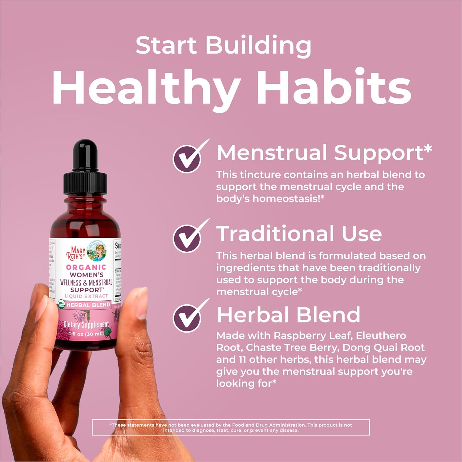 Organic Women's Wellness Herbal Supplements | Menstrual Support | Stinging Nettle, Raspberry Leaf, Eleuthero Root, Chaste Tree Berry | Non-GMO, Vegan | MaryRuth Organics