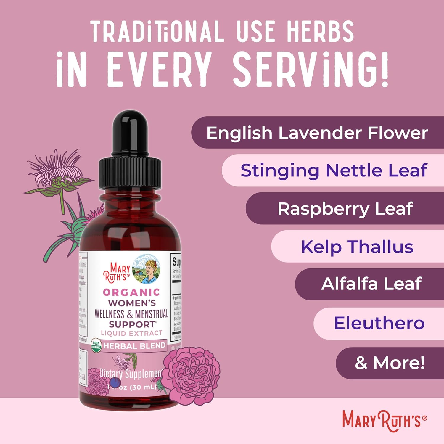Organic Women's Wellness Herbal Supplements | Menstrual Support | Stinging Nettle, Raspberry Leaf, Eleuthero Root, Chaste Tree Berry | Non-GMO, Vegan | MaryRuth Organics