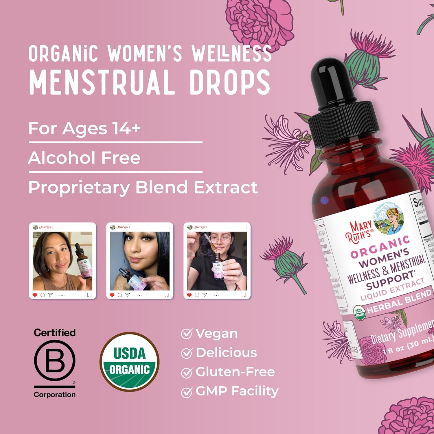 Organic Women's Wellness Herbal Supplements | Menstrual Support | Stinging Nettle, Raspberry Leaf, Eleuthero Root, Chaste Tree Berry | Non-GMO, Vegan | MaryRuth Organics