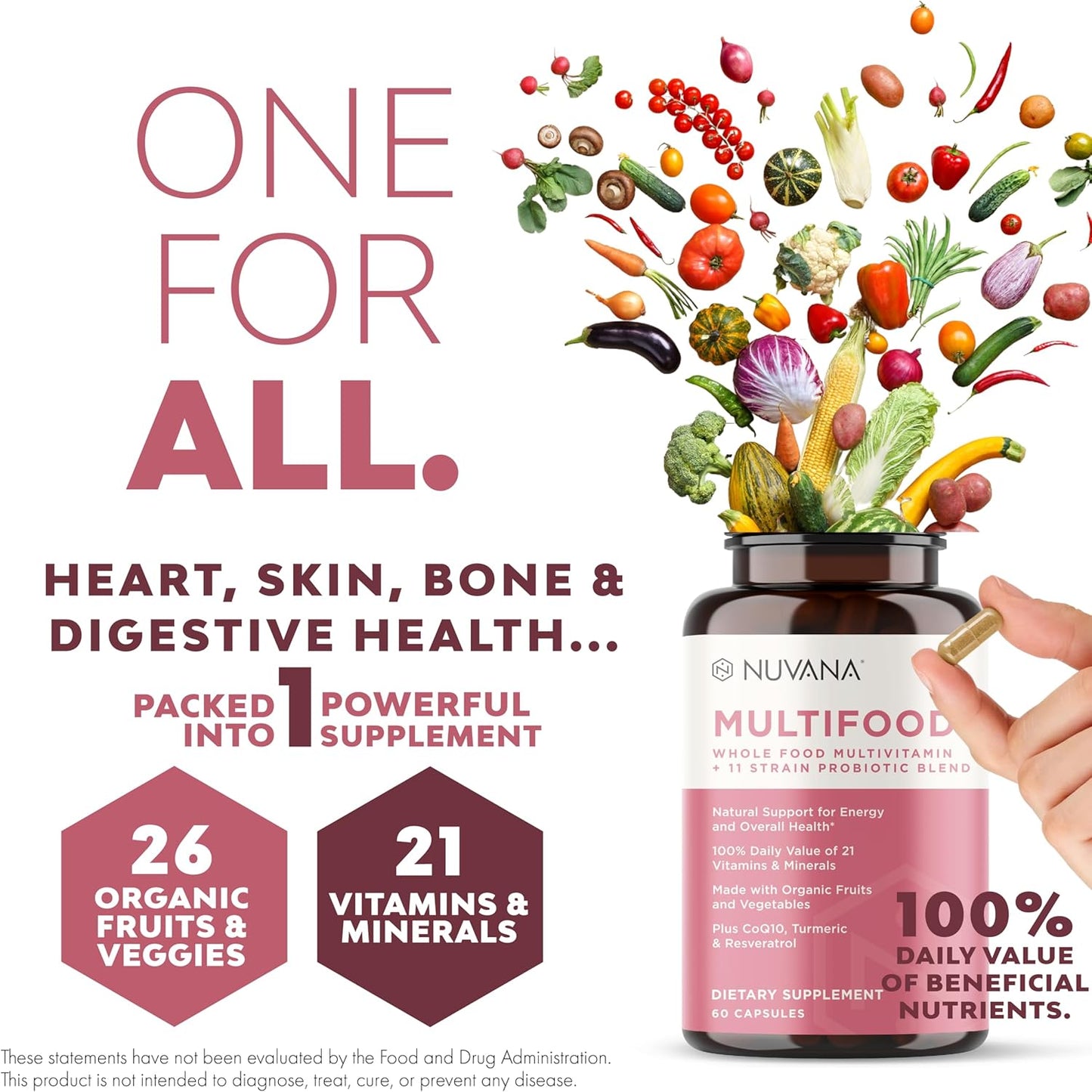Organic Women's Whole Food Multivitamin with Turmeric for Energy and Gut Health - 60 Capsules