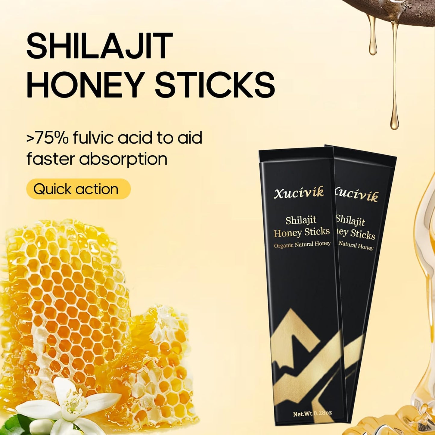 Organic Xucivik Shilajit Honey Sticks with Saffron - Boost Energy & Immunity, Mental Clarity - 30 Sticks for Men & Women