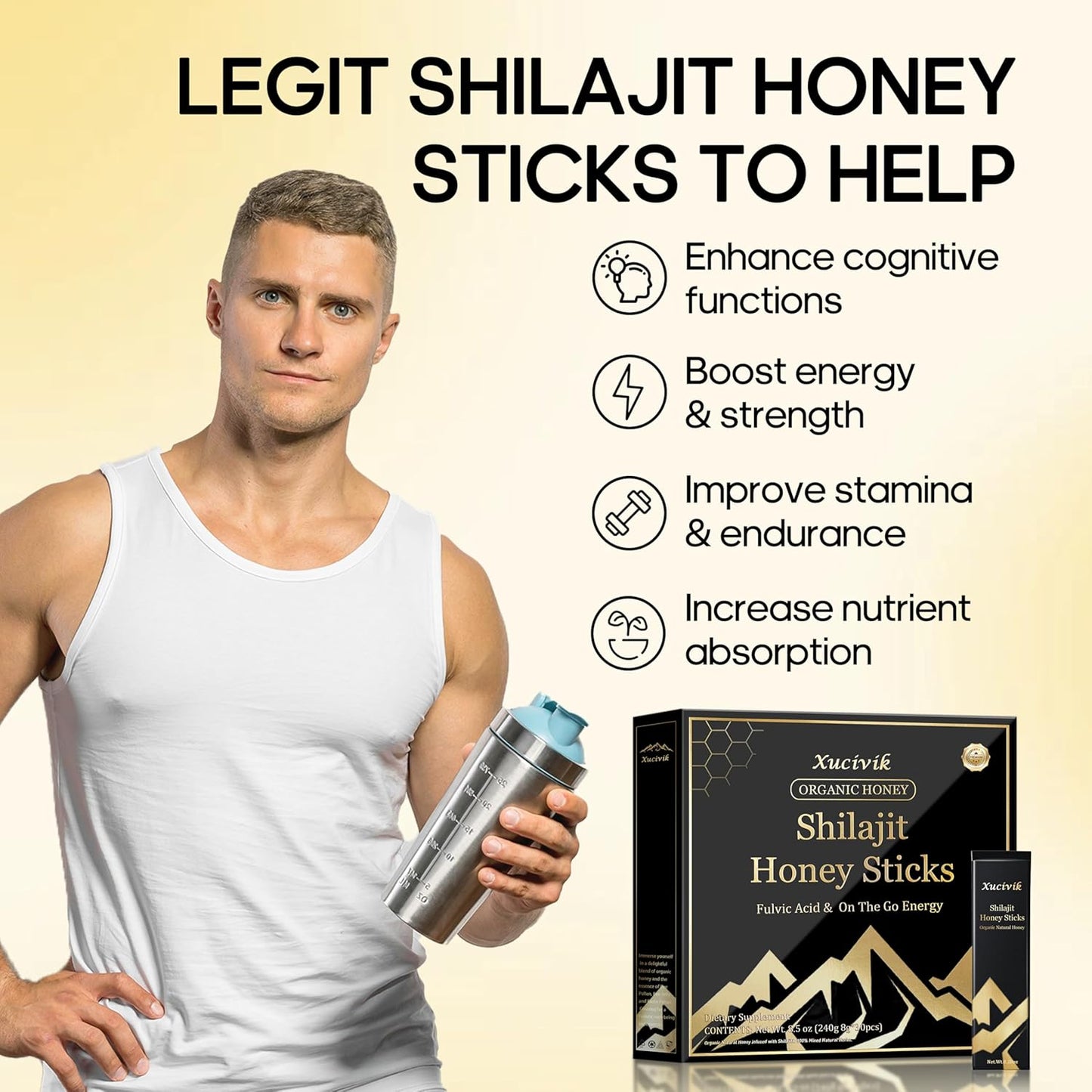 Organic Xucivik Shilajit Honey Sticks with Saffron - Boost Energy & Immunity, Mental Clarity - 30 Sticks for Men & Women