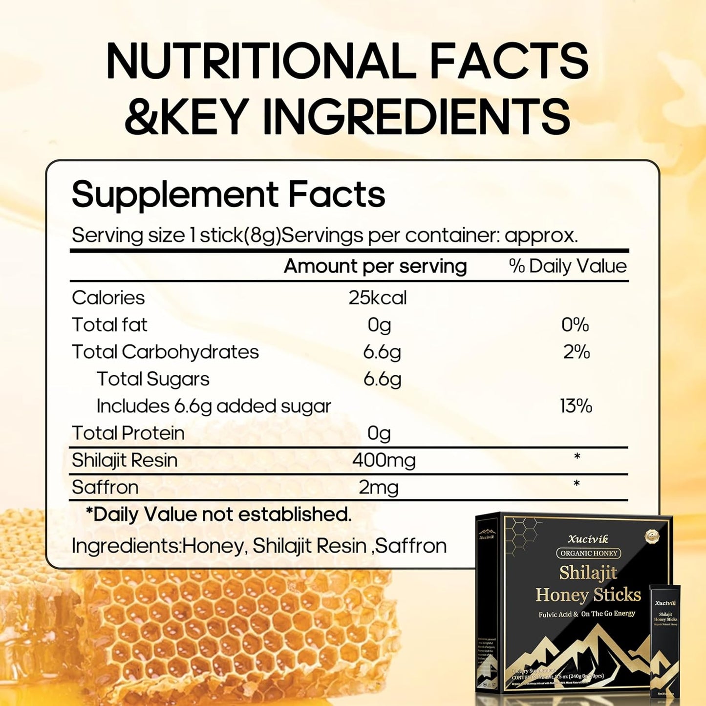 Organic Xucivik Shilajit Honey Sticks with Saffron - Boost Energy & Immunity, Mental Clarity - 30 Sticks for Men & Women