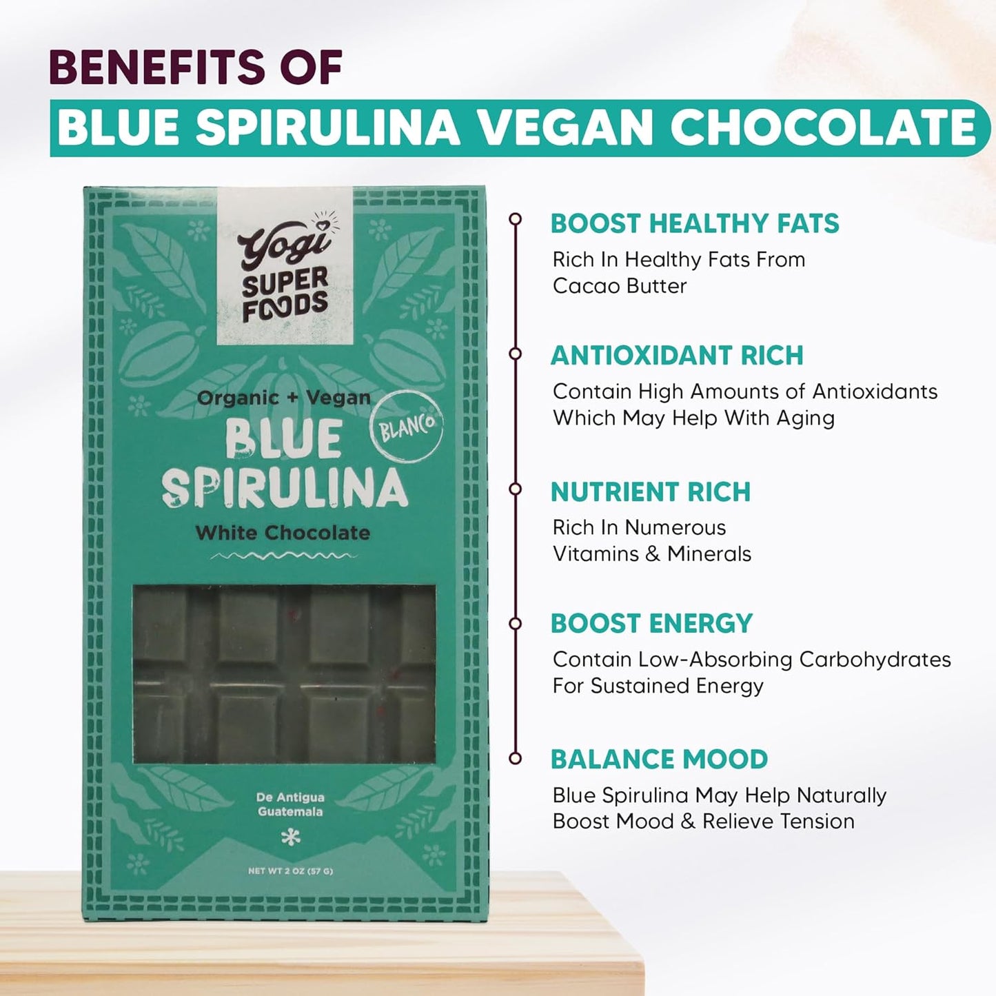 Organic Yogi Super Foods White Chocolate Blue Spirulina Bar - Vegan Energy Boost with Raw Cacao Butter, Gluten-Free Oats, Macadamia Nuts - 1 Bar