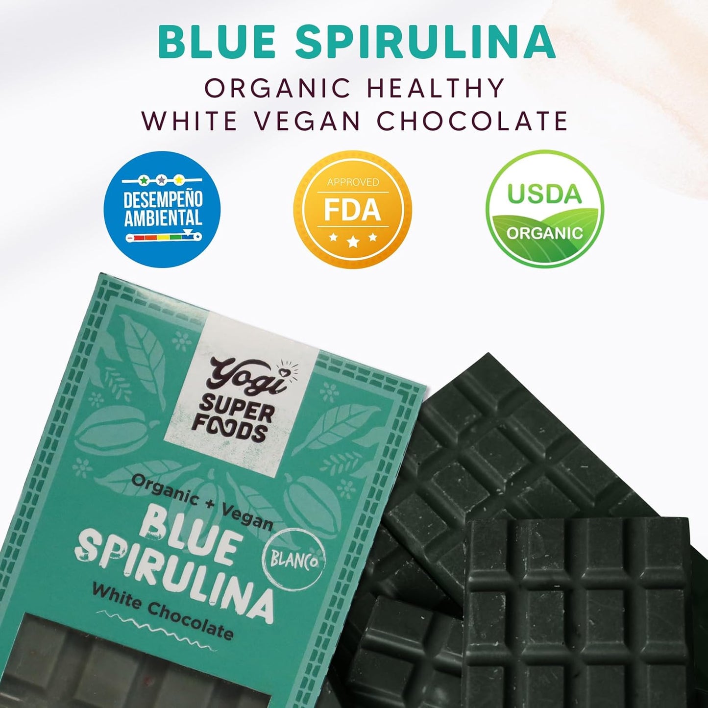Organic Yogi Super Foods White Chocolate Blue Spirulina Bar - Vegan Energy Boost with Raw Cacao Butter, Gluten-Free Oats, Macadamia Nuts - 1 Bar
