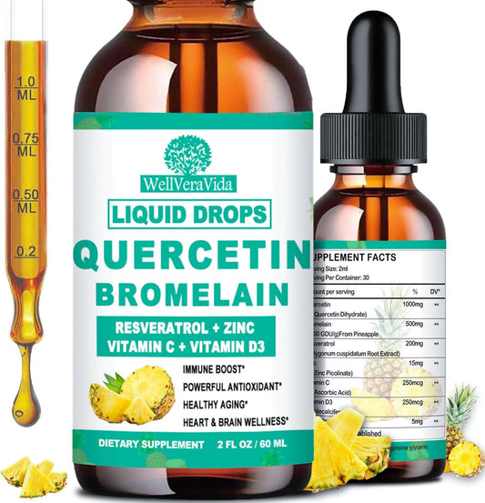 Organic Zinc Quercetin Liquid Drops with Bromelain - Immune Support & Antioxidant Formula, 4X Stronger - 1000mg Quercetin, 500mg Bromelain, Vitamin C D3 - Respiratory Health Booster