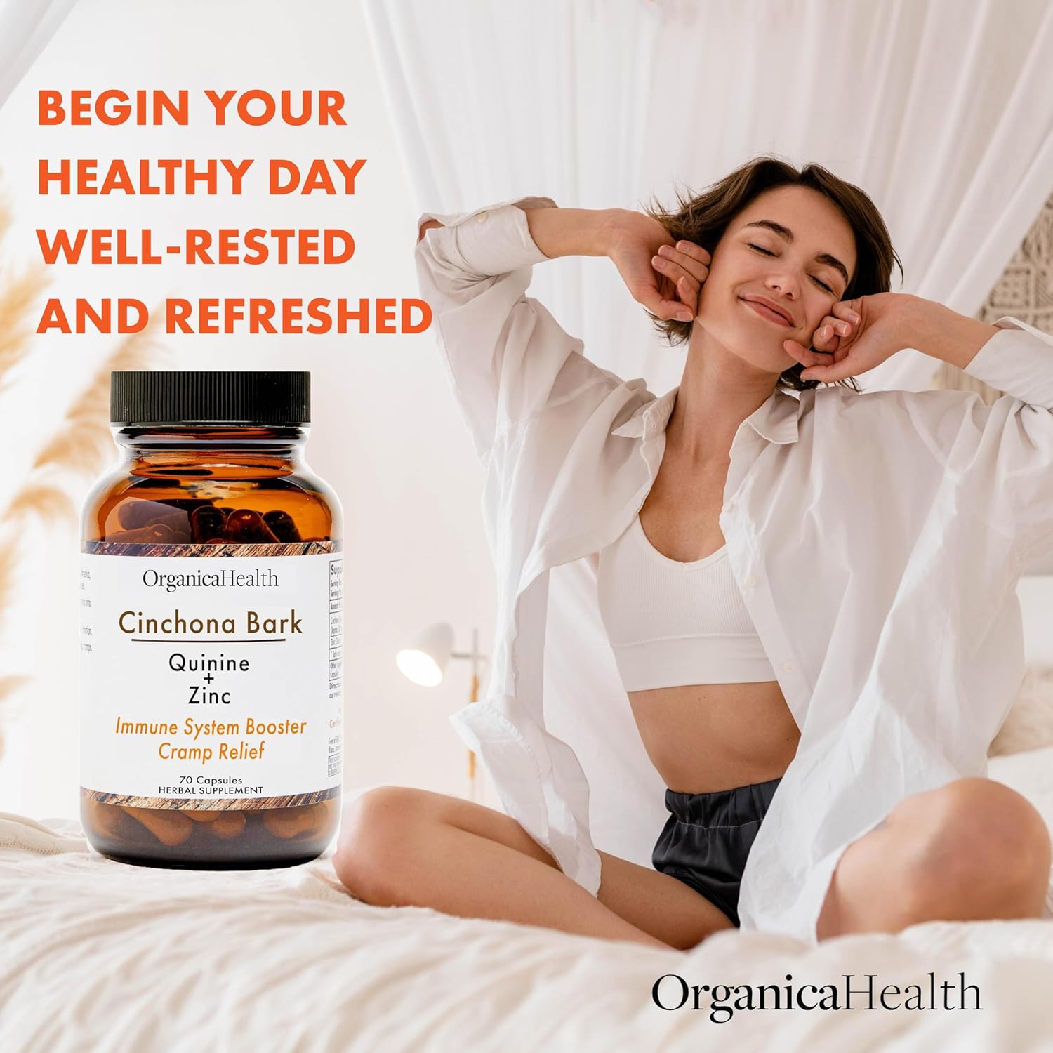 OrganicaHealth Organic Quinine with Zinc 50mg for Leg Cramps & Restless Legs - Cinchona Bark Supplement for Muscle Cramp Relief - 70 Vegan Capsules