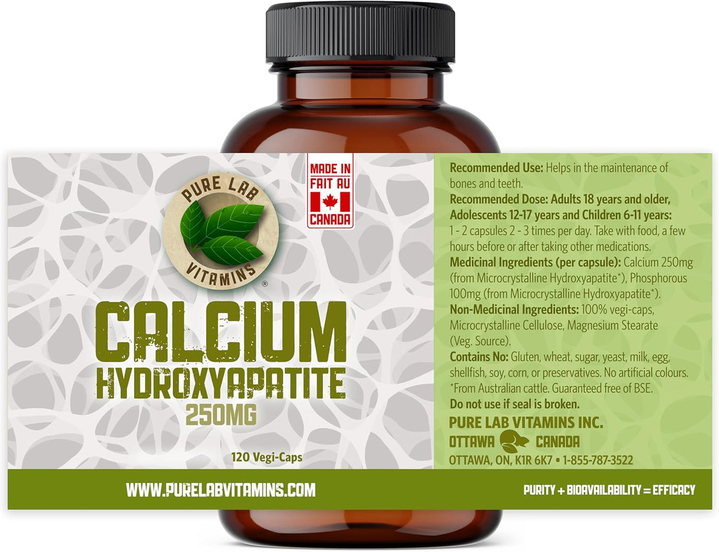 Organically-Bound Calcium Hydroxyapatite 250 mg Capsules - 120 Vegan Capsules by Pure Lab Vitamins