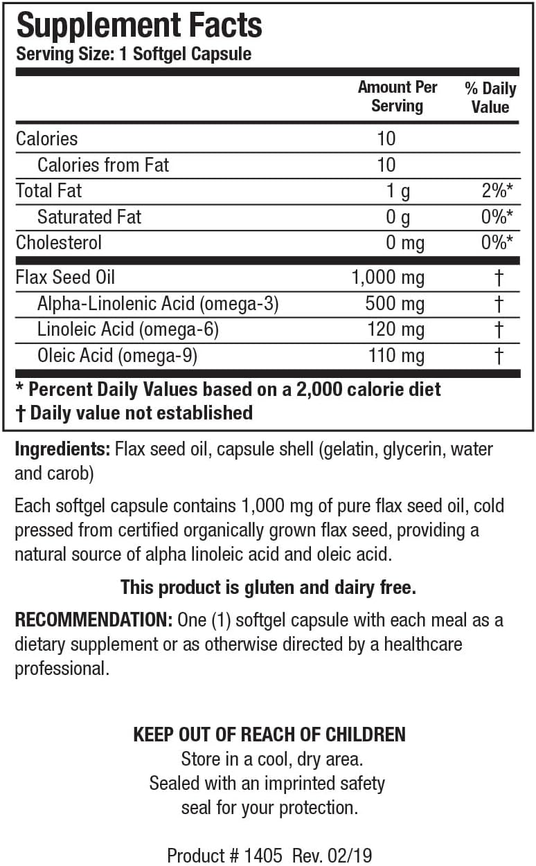 Organically Grown Cold Pressed Flax Seed Oil Capsules - Heart Health Support - 100 Softgels, 1,000mg Each