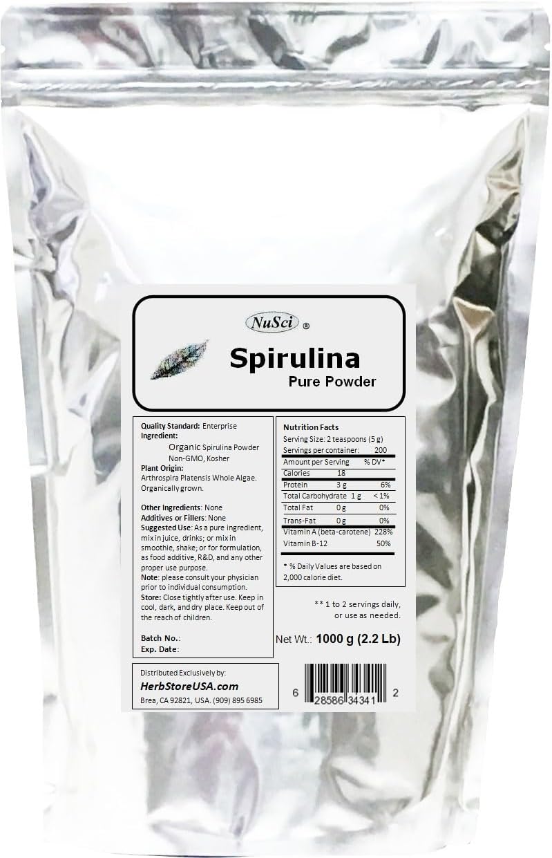 Organically Grown NuSci Spirulina Powder 500g - GMO Free & Non-Irradiated - Pure and Fresh 1.1 lb