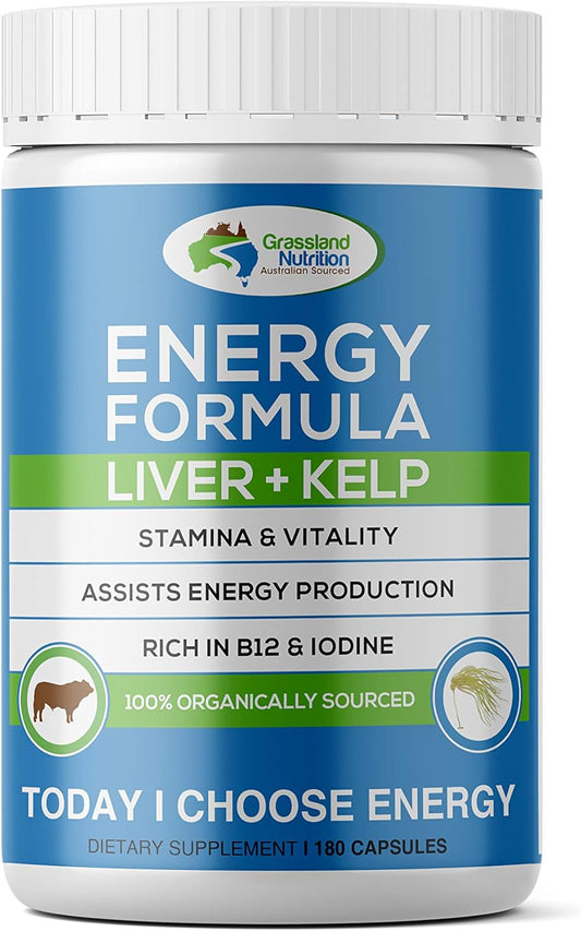 Organically Sourced Grass Fed Beef Liver & Kelp Capsules with B12, Iodine, Iron, Vitamin A - Halal Certified Energy Formula (180 Count)