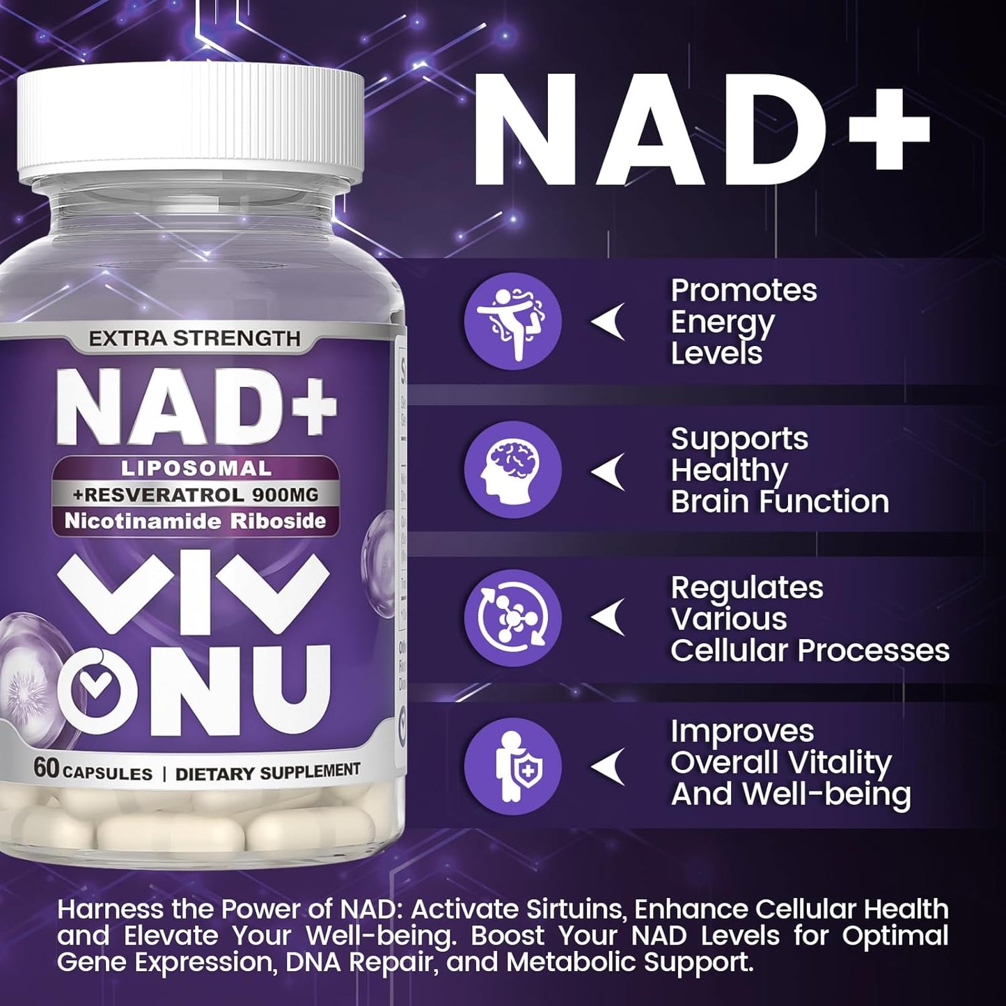 OrganicNAD+ Liposomal Supplement for Energy & Age Defense - Boost NAD Levels & Metabolism - Enhanced Absorption - 60 Count
