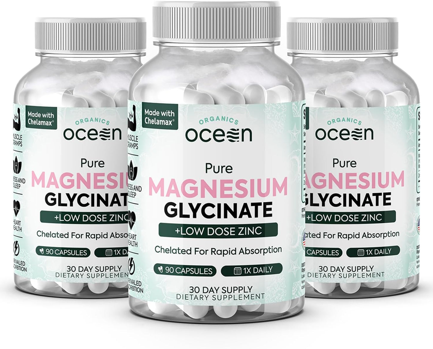 Organics Ocean Pure Magnesium Glycinate with Zinc - Maximum Strength Chelated Supplement for Muscle Cramps and Sleep Support - 3 Bottles for Women and Men