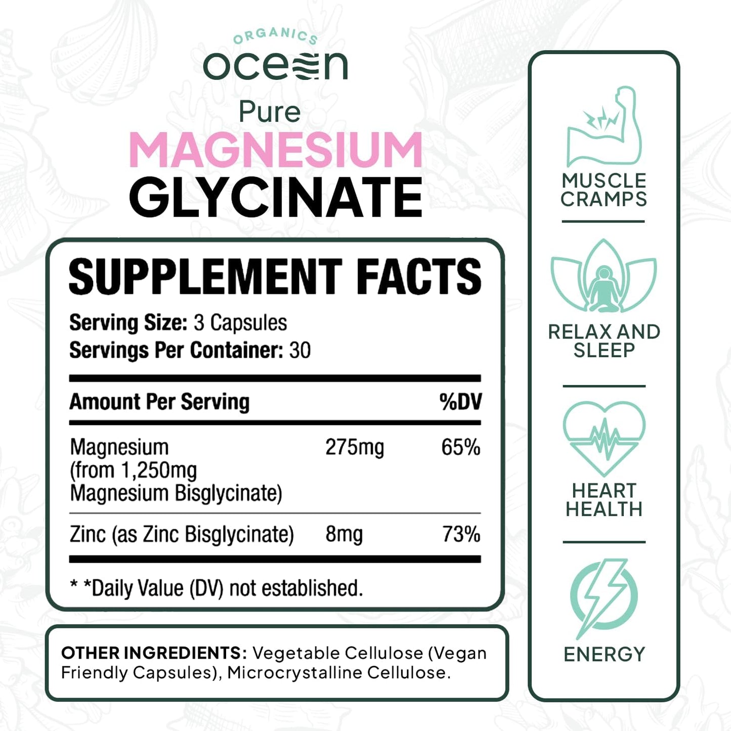 Organics Ocean Pure Magnesium Glycinate with Zinc - Maximum Strength Chelated Supplement for Muscle Cramps and Sleep Support - 3 Bottles for Women and Men