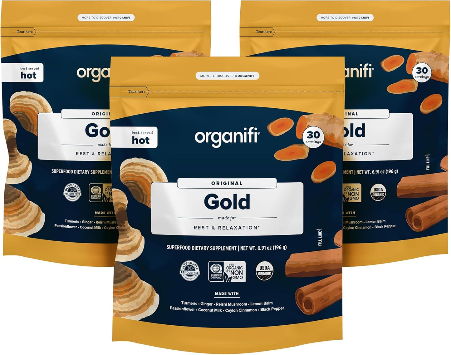 Organifi Gold Superfood Supplement Powder - 3 Pack, 90 Servings - Stress Support, Improved Sleep, Relaxation - Turmeric & Reishi