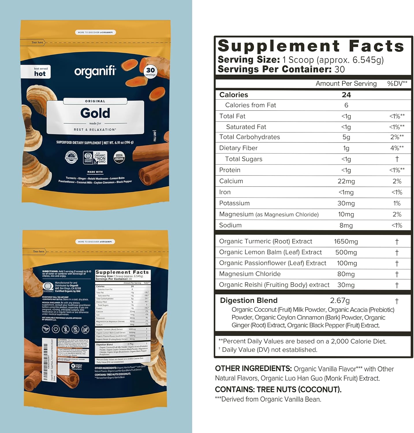 Organifi Gold Superfood Supplement Powder - 3 Pack, 90 Servings - Stress Support, Improved Sleep, Relaxation - Turmeric & Reishi