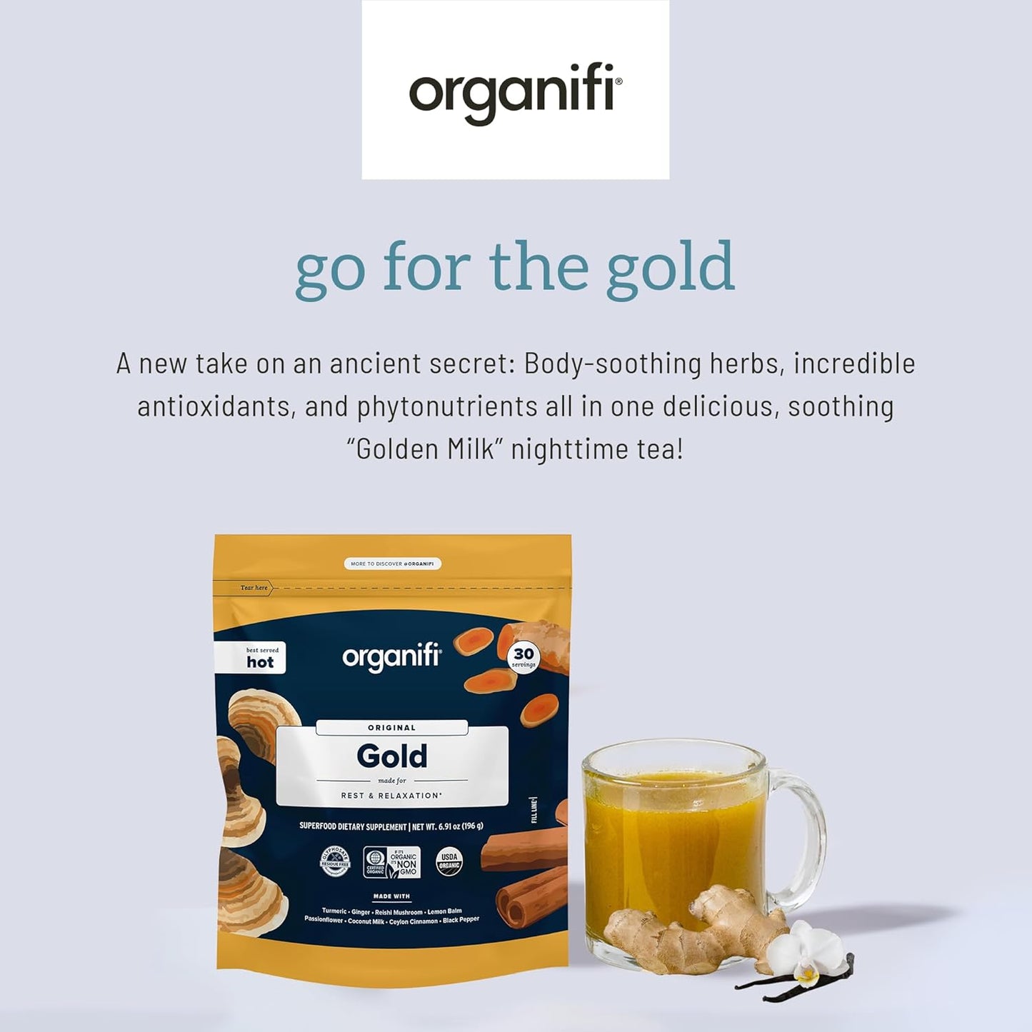 Organifi Gold Superfood Supplement Powder - 3 Pack, 90 Servings - Stress Support, Improved Sleep, Relaxation - Turmeric & Reishi