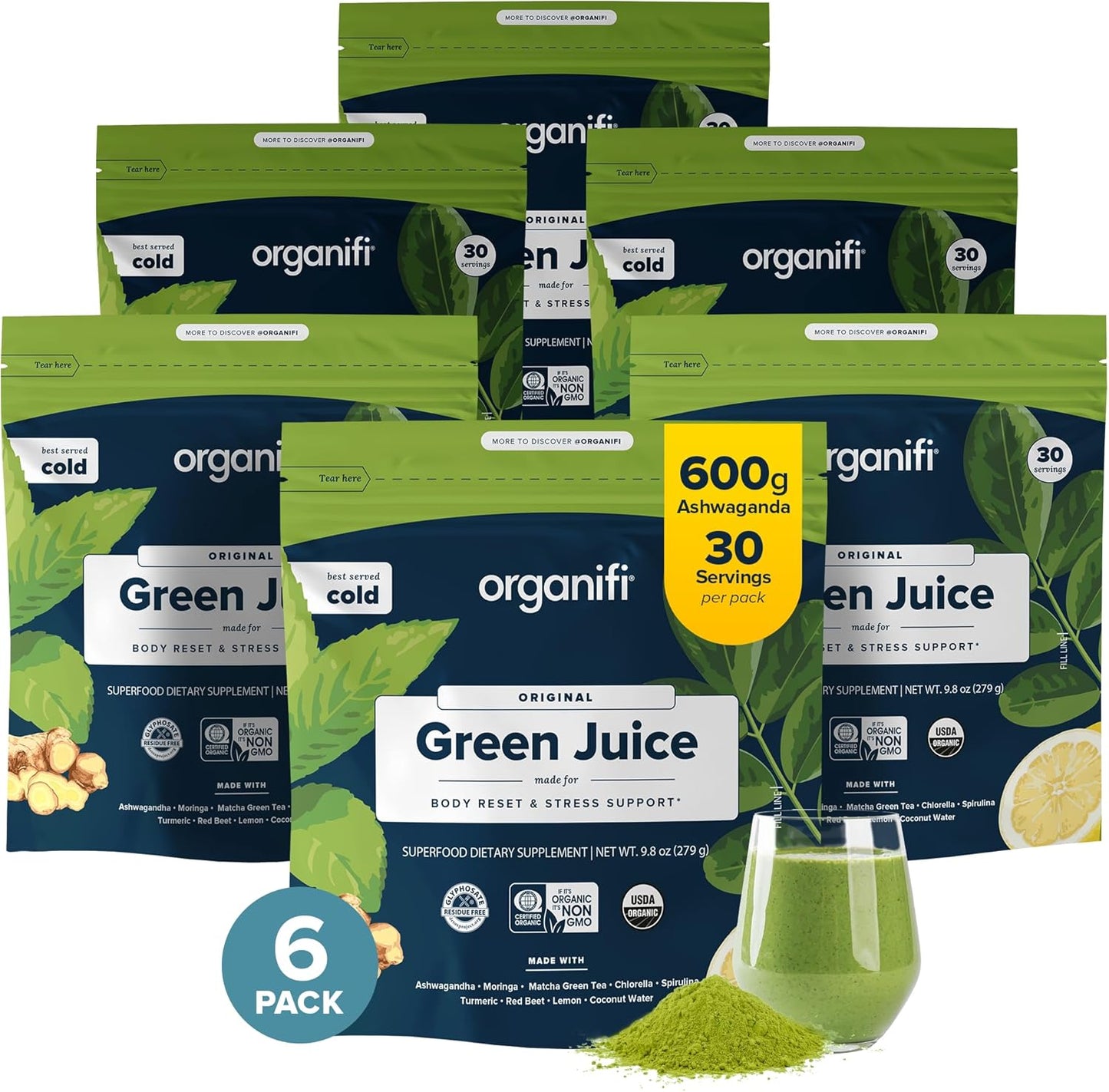 Organifi Green Juice Powder - 180-Day Supply of Organic Superfood - Vegan Greens for Stress Relief and Weight Management - Promotes Total Body Wellness
