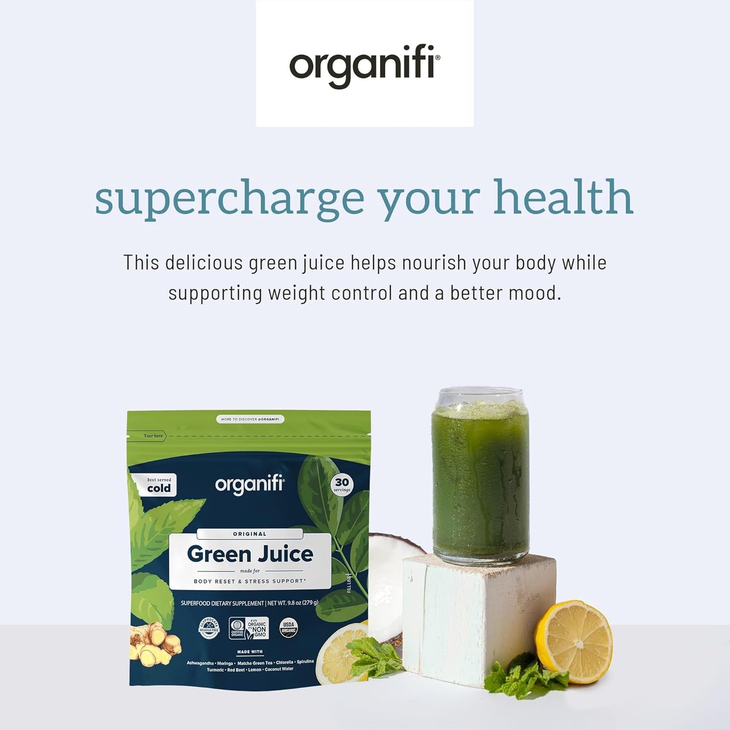 Organifi Green Juice Powder - 180-Day Supply of Organic Superfood - Vegan Greens for Stress Relief and Weight Management - Promotes Total Body Wellness