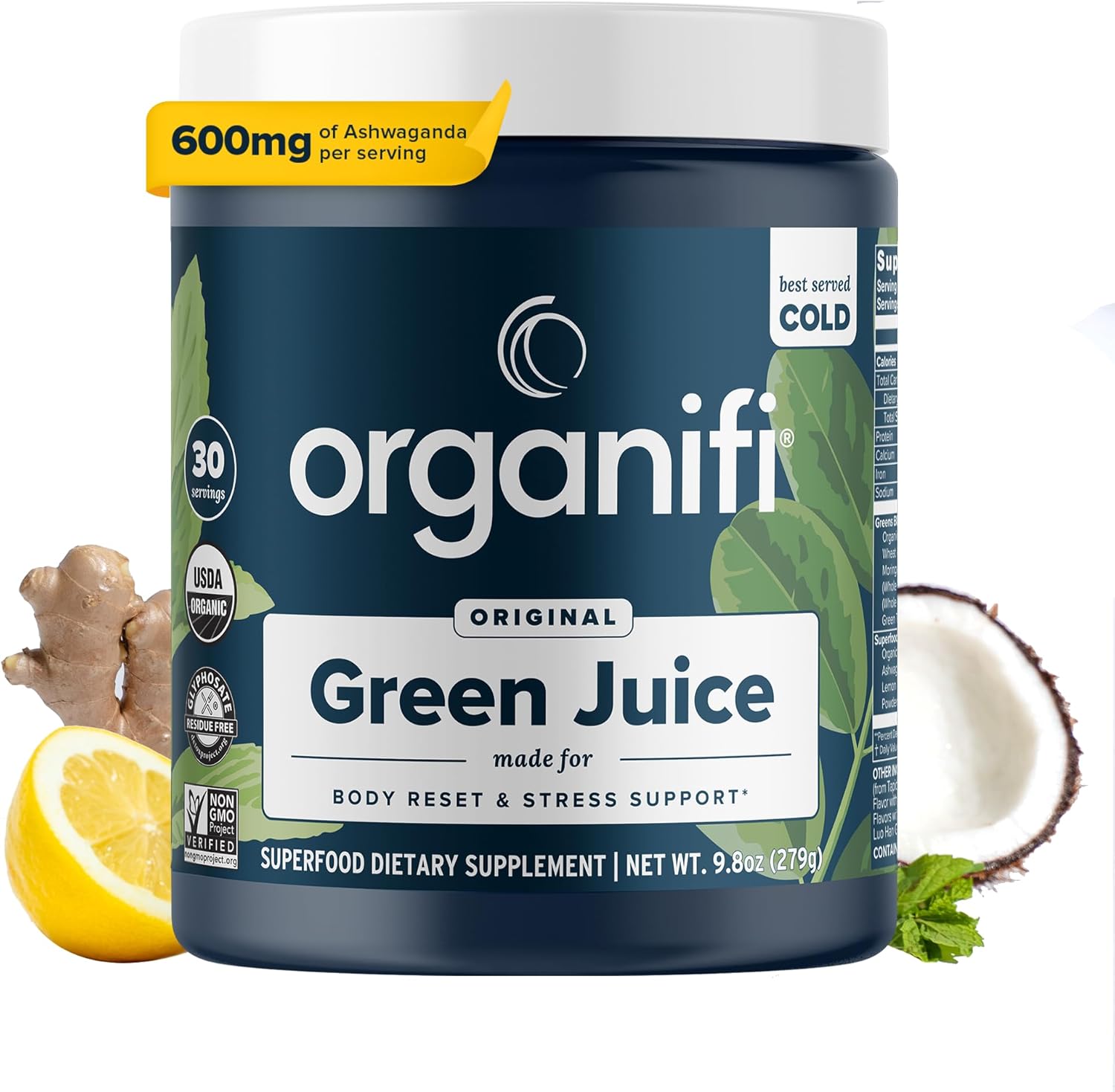 Organifi Green Juice Powder Supplement - Organic Spirulina, Ashwagandha, Chlorella - Supports Fitness Goals, Lowers Cortisol - 30 Day Supply