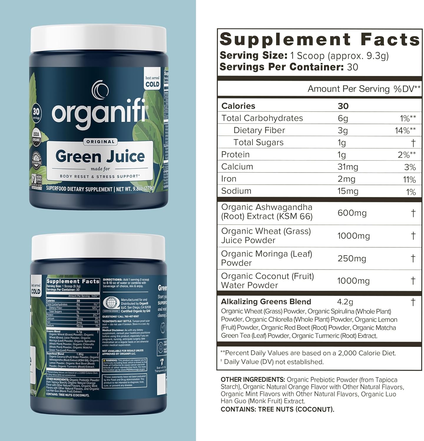 Organifi Green Juice Powder Supplement - Organic Spirulina, Ashwagandha, Chlorella - Supports Fitness Goals, Lowers Cortisol - 30 Day Supply