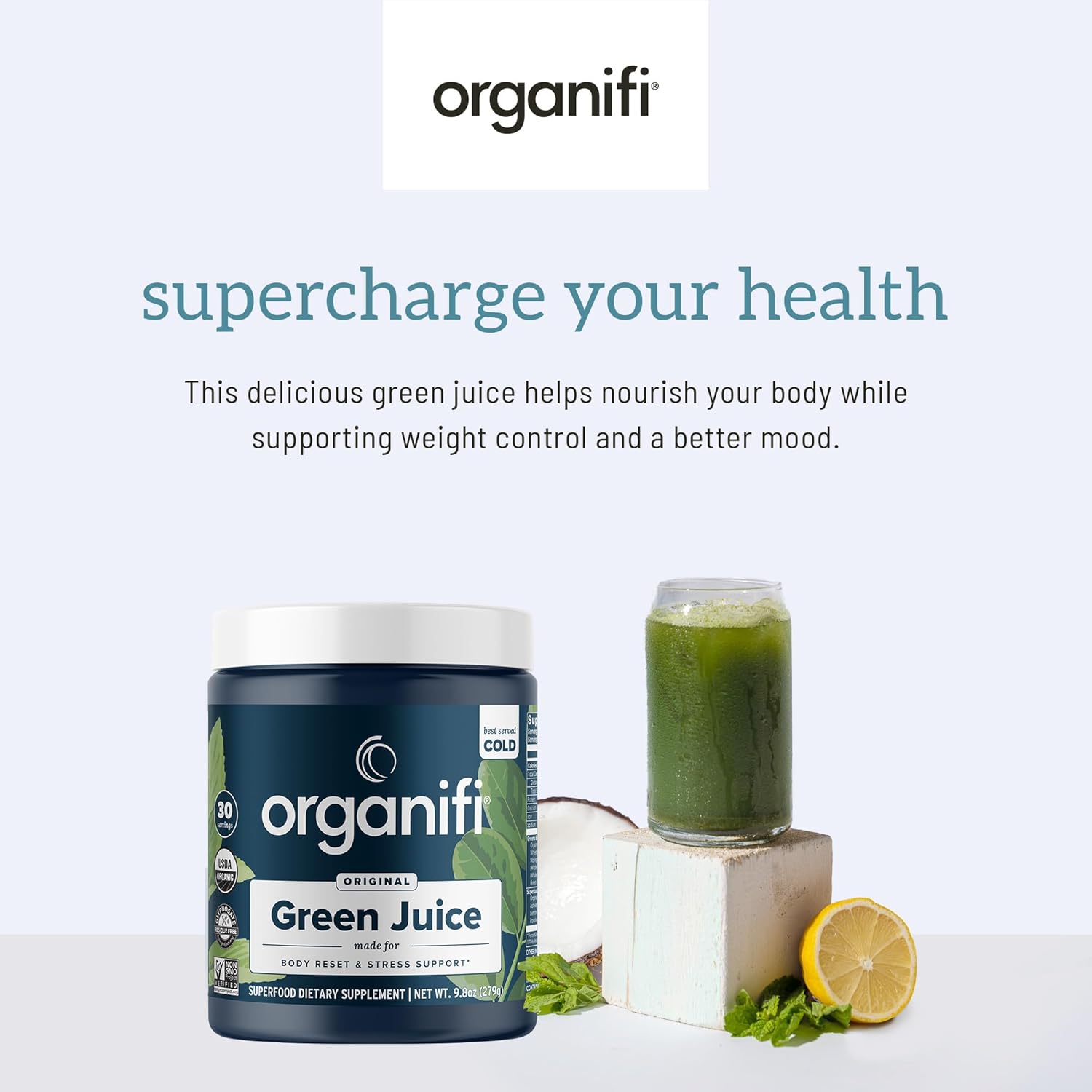 Organifi Green Juice Powder Supplement - Organic Spirulina, Ashwagandha, Chlorella - Supports Fitness Goals, Lowers Cortisol - 30 Day Supply