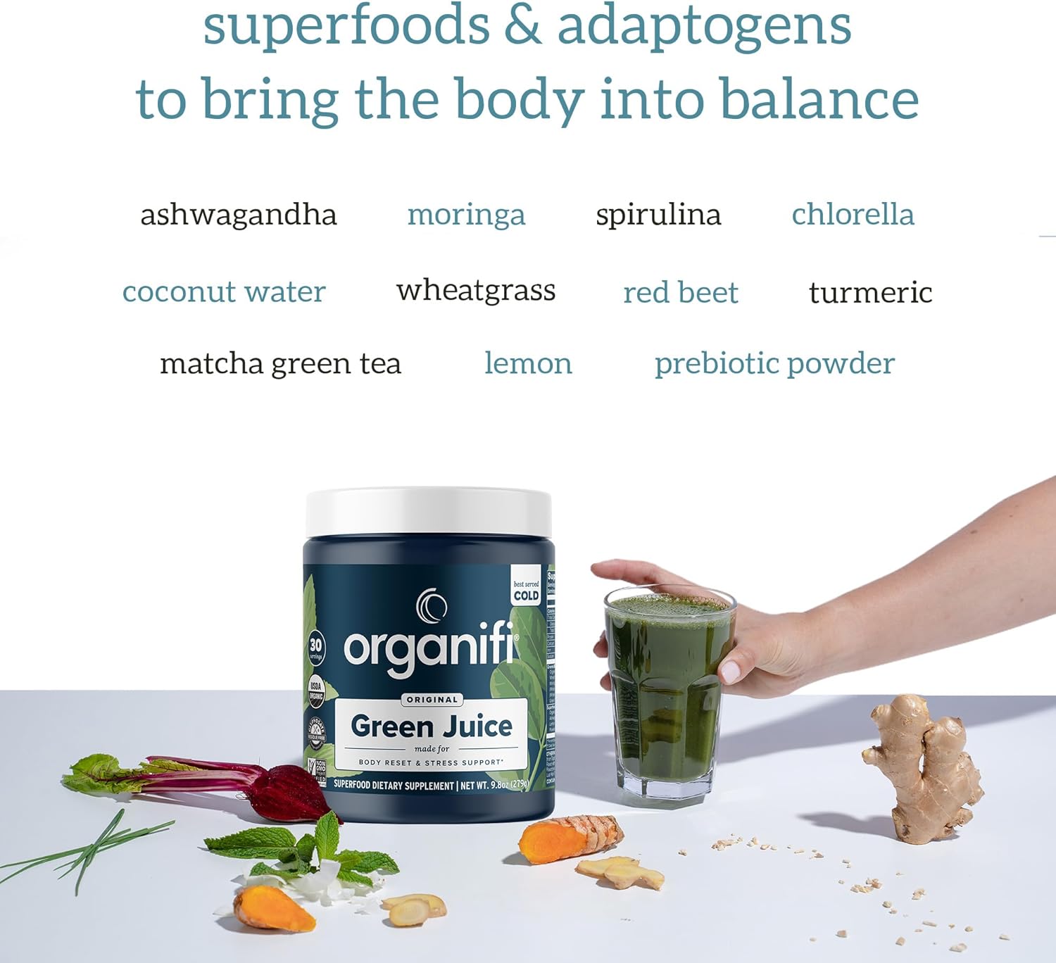 Organifi Green Juice Powder Supplement - Organic Spirulina, Ashwagandha, Chlorella - Supports Fitness Goals, Lowers Cortisol - 30 Day Supply