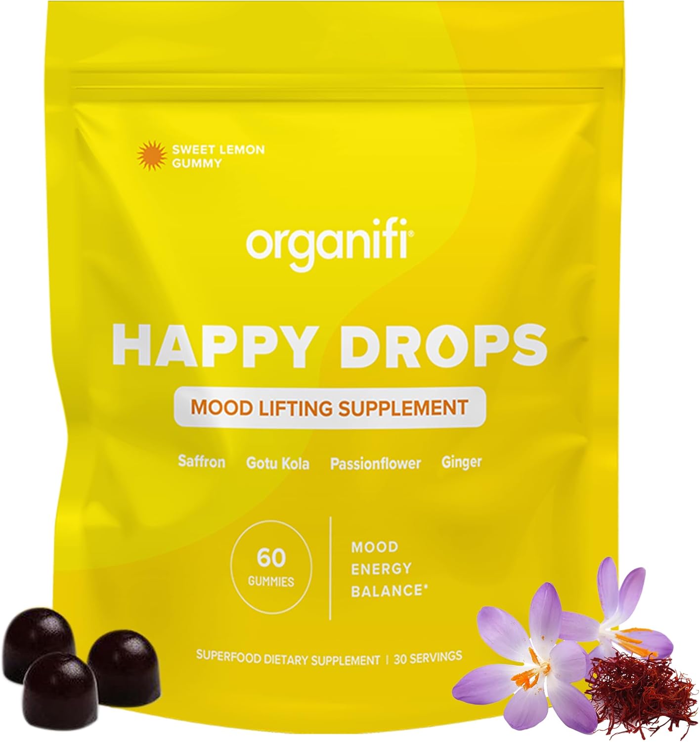 Organifi Happy Drops: Daily Mood Support Gummies for Adults - Superfood Supplement for Balance, Energy, and Bliss - Sweet Lemon Flavor - 60 Gummies