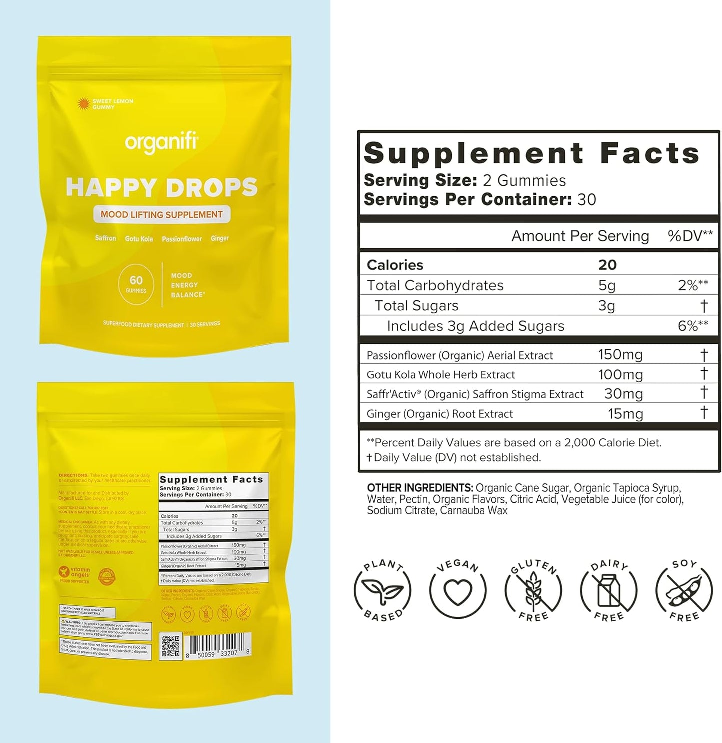 Organifi Happy Drops: Daily Mood Support Gummies for Adults - Superfood Supplement for Balance, Energy, and Bliss - Sweet Lemon Flavor - 60 Gummies