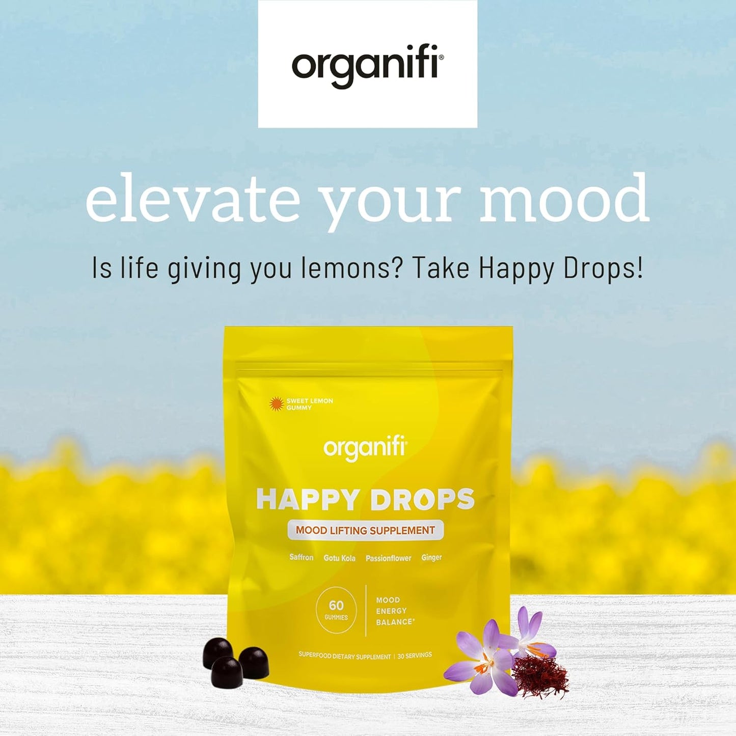 Organifi Happy Drops: Daily Mood Support Gummies for Adults - Superfood Supplement for Balance, Energy, and Bliss - Sweet Lemon Flavor - 60 Gummies