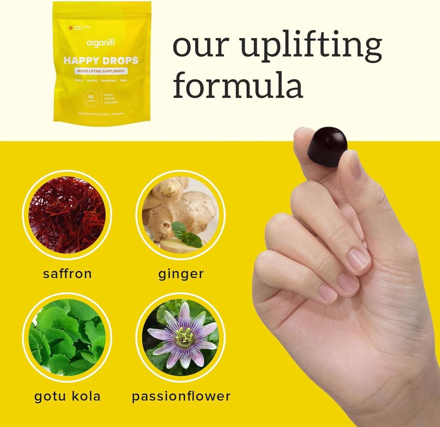 Organifi Happy Drops: Daily Mood Support Gummies for Adults - Superfood Supplement for Balance, Energy, and Bliss - Sweet Lemon Flavor - 60 Gummies