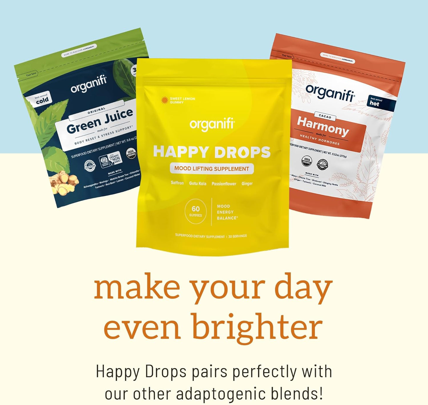 Organifi Happy Drops: Daily Mood Support Gummies for Adults - Superfood Supplement for Balance, Energy, and Bliss - Sweet Lemon Flavor - 60 Gummies