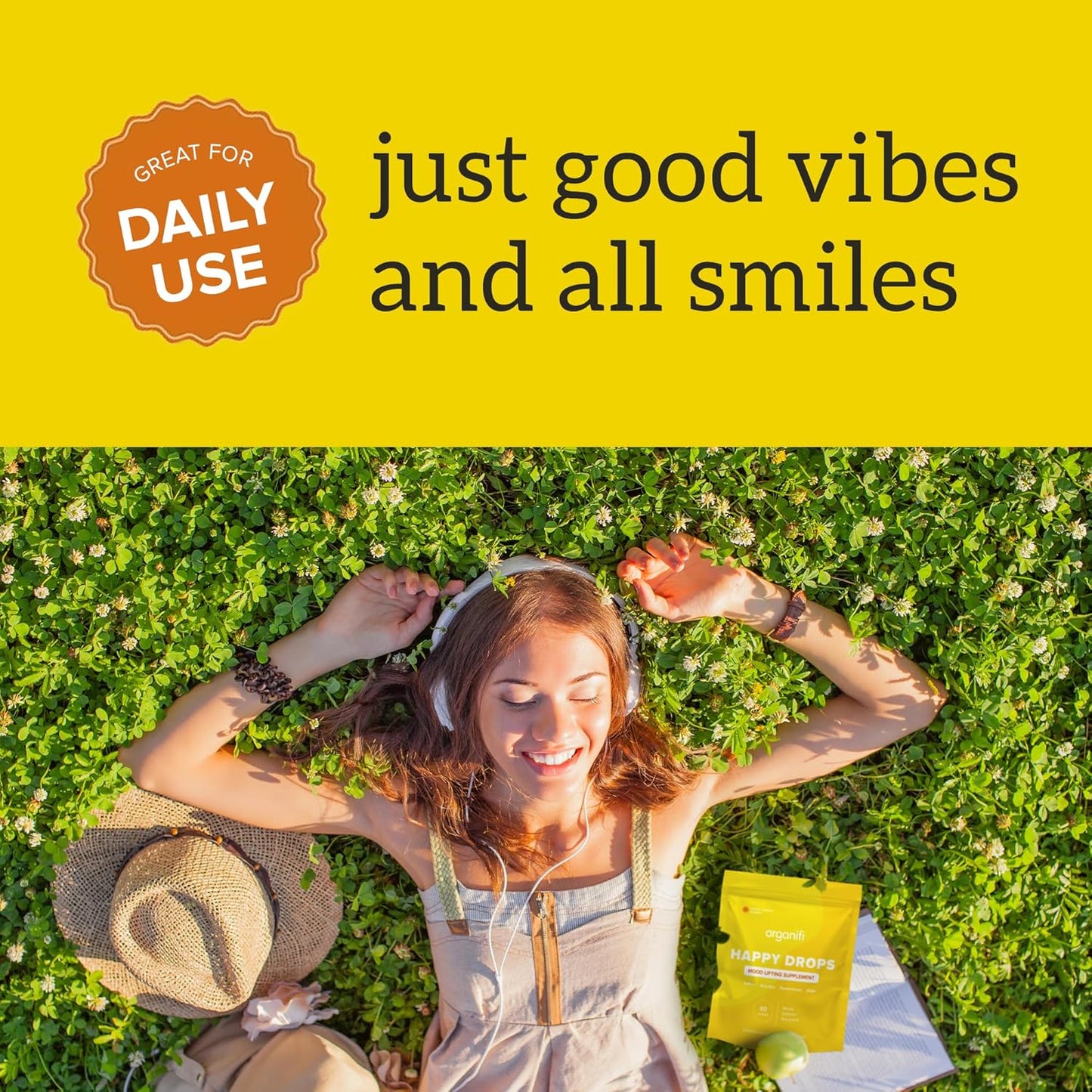 Organifi Happy Drops: Daily Mood Support Gummies for Adults - Superfood Supplement for Balance, Energy, and Bliss - Sweet Lemon Flavor - 60 Gummies