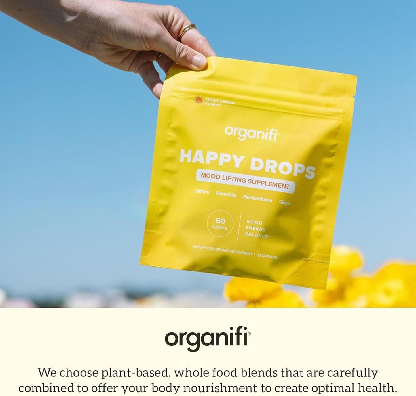 Organifi Happy Drops: Daily Mood Support Gummies for Adults - Superfood Supplement for Balance, Energy, and Bliss - Sweet Lemon Flavor - 60 Gummies
