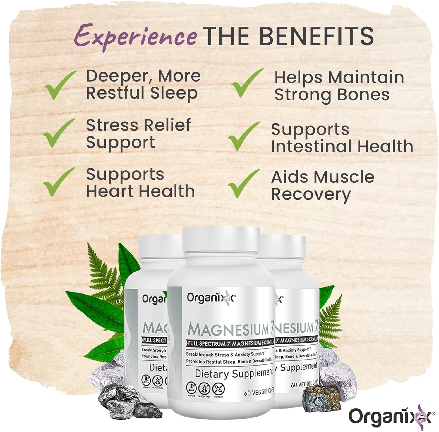 Organixx Magnesium Glycinate Supplement with 7 Type Magnesium Complex - Sleep, Muscle & Heart Health Support - Vegan & Non GMO - 90 Capsules