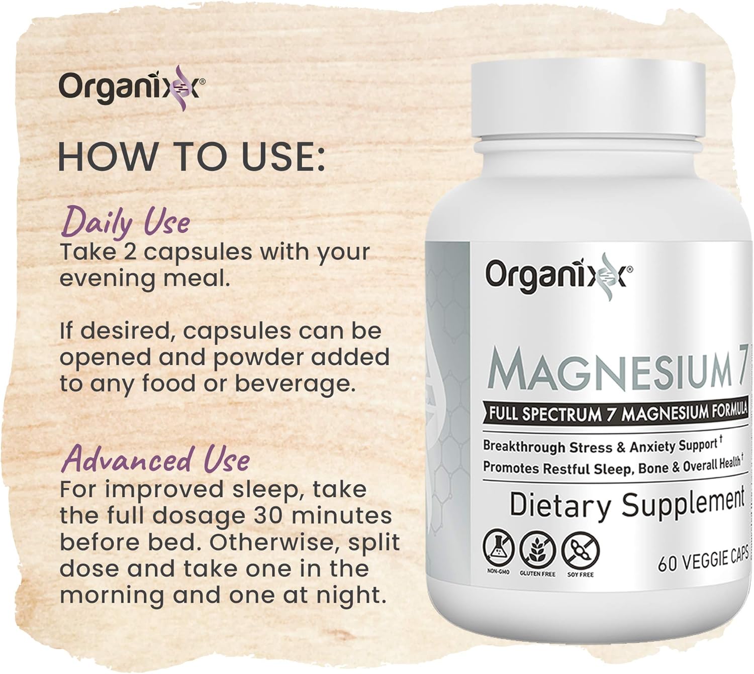 Organixx Magnesium Glycinate Supplement with 7 Type Magnesium Complex - Sleep, Muscle & Heart Health Support - Vegan & Non GMO - 90 Capsules